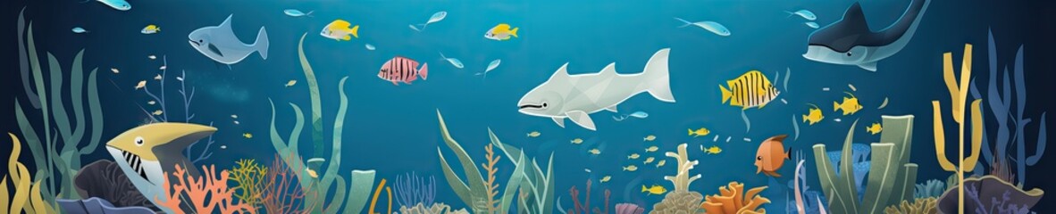 Fototapeta premium Wide underwater design, with fishes, seaweed, sharks, stones, bubbles, and another elements from the submarine world, which can be usable on banners, footers, headers,etc, generative ai