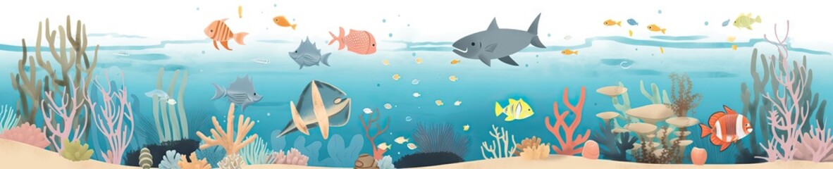 Wide underwater design, with fishes, seaweed, sharks, stones, bubbles, and another elements from the submarine world, which can be usable on banners, footers, headers,etc, generative ai