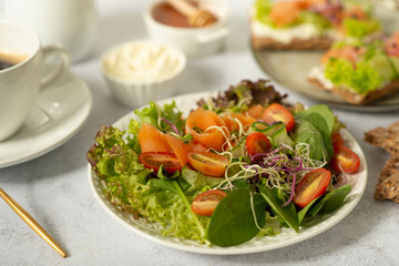healthy food, salad with salmon