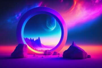 3d rendering, rounded pink blue neon lines, glowing in the dark. Abstract minimalist geometric background. Ultraviolet spectrum. Cyber space. Futuristic wallpaper