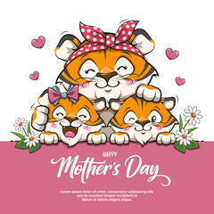 Happy Mothers Day With Cute Mom And Sons Tiger, Vector Cartoon Animal Illustration