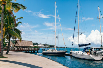 Fototapeta na wymiar Boats and yachts in a tropical city park with palm trees in French Polynesia