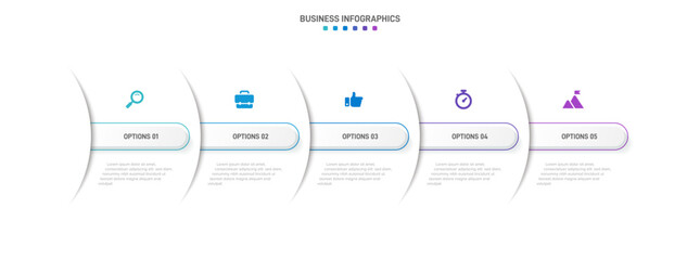 Timeline infographic with infochart. Modern presentation template with 5 spets for business process. Website template on white background for concept modern design. Horizontal layout.