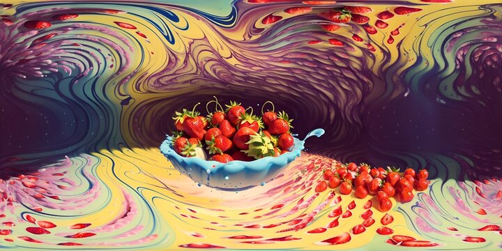 Photo of a still life painting featuring ripe strawberries in a blue bowl