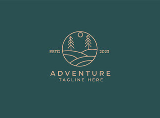 Obraz premium Simple Illustration Outline Style of Natural Creation Life Concept Symbol Logo Badge. Sea, Pine, Sun and Journey.