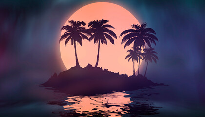 Naklejka na ściany i meble Futuristic neon landscape with palm trees at sunset.