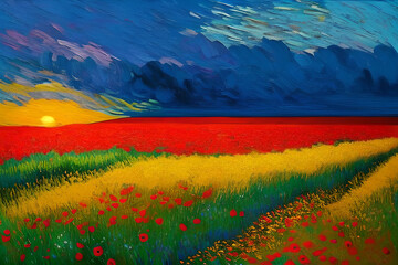 Poppy Field at Sunset - Oil Painting with thick impasto brushstrokes. Generative AI