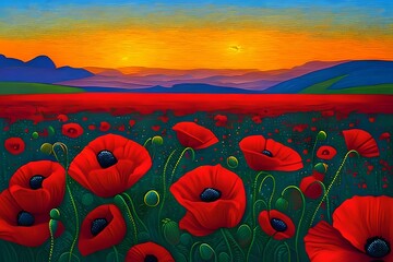 Poppy Field at Sunset - A strong and vibrant painting. Generative AI