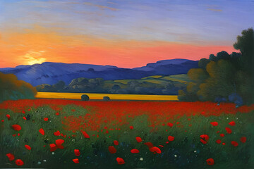 Poppy Field at Sunset - An mpressionist oil painting. Generative AI