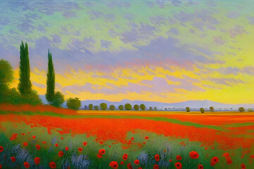 Poppy Field at Sunset - An impressionist painting. Generative AI