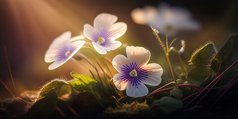Wild flowers in the grass in rays of sunlight background. AI generated illustration