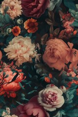 floral background of roses and peonies with green leaves