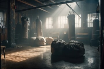 Blank punching bags in misty cinematic boxing gym and film set. Generative AI