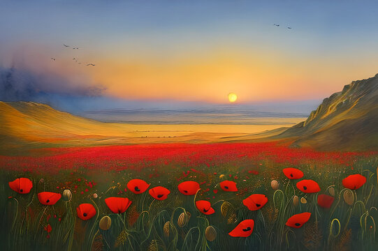 Poppy Field at Sunset - A luminous watercolour landscape. Generative AI