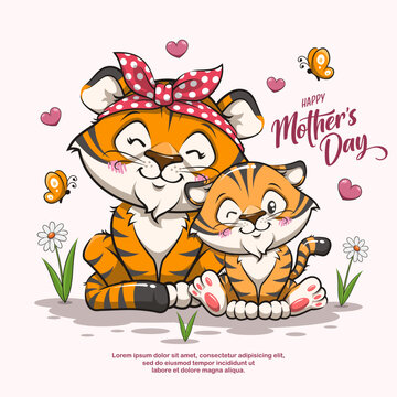 Happy Mothers Day With Cute Tiger, Vector Cartoon Animal Illustration