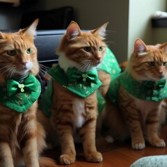 three red cats in green suits portrait
