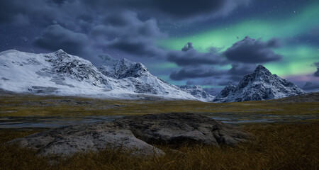 Rocky Mountain Landscape at night with Stars and Northern Lights in Sky. 3d Rendering Artwork. Aerial Cinematic Animation.