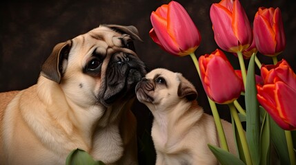 Mother's day love, Pug mother and puppy kissing each other in the grass with tulips. - generative AI