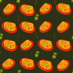 Chinese food seamless pattern. Hand drawn different types of asian food in wooden steamers repeating background. Tasty chinese food, delicious har gao, sticky rice, rolls.