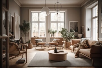 Fototapeta premium Scandinavian living room interior. Generative AI