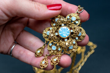 Unique retro necklace, vintage jewelry concept, promotional photo for an online jewelry store