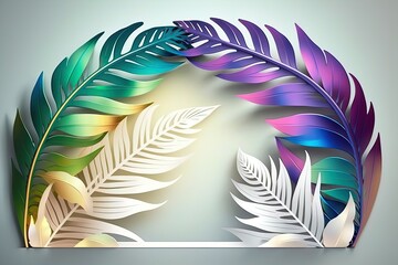 Iridescent holographic tropical leaves background. Vibrant color trendy exotic leaves for summer design.