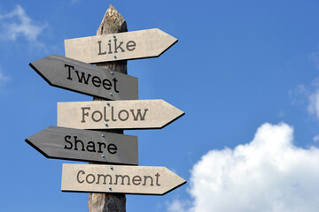 Like, tweet, follow, share, comment - wooden signpost with five arrows, sky with clouds
