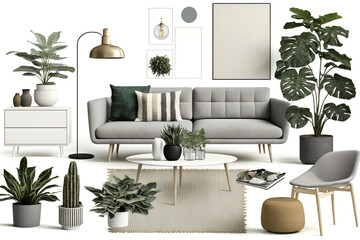 Scandinavian style interior design elements on white background living room moodboard. - obrazy, fototapety, plakaty