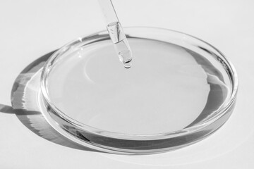 Petri dish. With clear liquid. With solution. Pipette dripping from above. On a white background.