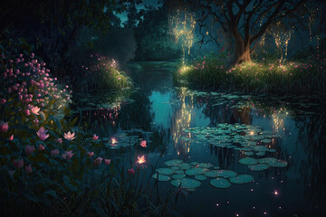 beautiful magical garden, with fireflies reflecting in the lake.
