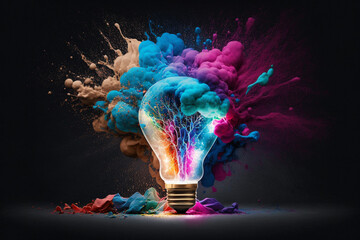 Light bulb creative colored dust powder smoke splash explosion. Colorful electricity paint creativity concept idea. Ai generated