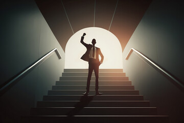 Minimalistic style successful businessman on stairs. Ai generative