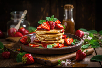 Delicious pancakes with strawberries created with AI	