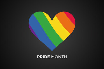 Pride Month or Love Month in June. LGBTQ multicolored rainbow flag hearth shape on black background