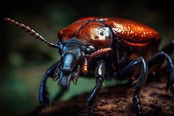 Stag beetle head (Lucanus cervus) in macro against a dark background. Generative AI