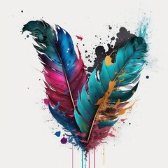 Feathers splashed with paint. Bird feathers on a light background. Colored feathers. Generative AI.