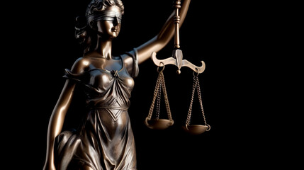 Bronze statue of Themis, Goddess of Justice holding Law Scales. Copy space. Based on Generative AI