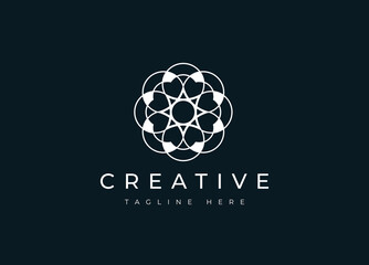 Geometrical Flower of Life pattern with Symmetrical esoteric symbol in gold color with a dark cool background.