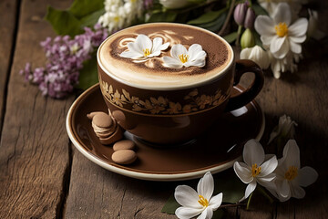 Obraz na płótnie Canvas Beautiful Cappuccino On A Wooden Table With Spring Flowers, Cappuccino Blooms, Spring Season, Generative Ai