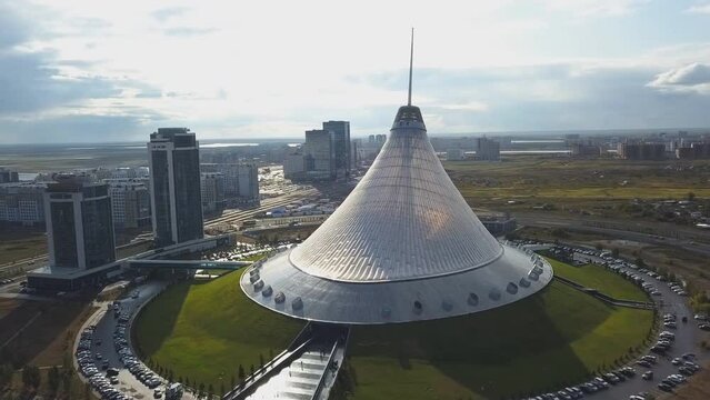 ASTANA, KAZAKHSTAN - Khan Shatyr is a giant transparent tent in Astana. Shopping center. The 150m-high tent has a 200m elliptical base covering 140,000 square metres (aerial view)