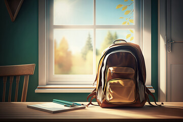 Table background with opened window and schoolbag view. Sunny day in school time Generative AI