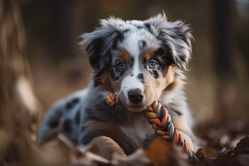Fototapeta premium Cute puppy of australian shepherd holding a toy created with AI 