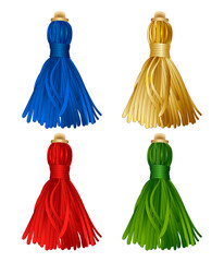 A set of red, green, gold, blue silk tassels for pillows, weapons and other decor with decorative gold elements on a white background