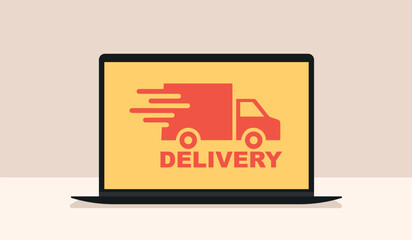 Online shipping on laptop, fast shipping and tracking, bistro shipping icon, flat vector illustration on a beautiful background