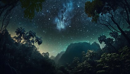 Fototapeta na wymiar Night sky with stars and milky way over rain tropical forest trees silhouettes.
