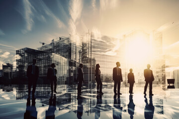 Double exposure of business people group office building in background created with AI	