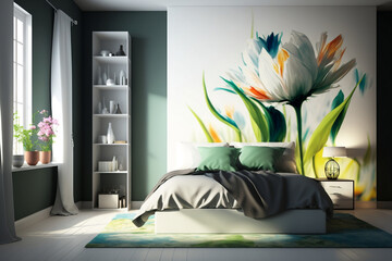 Interior Of Beautiful Modern Bedroom With Spring Flowers, Spring Teamed Bedroom, Spring Season, Generative Ai