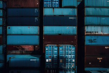 Fototapeta premium Freight blue containers in a harbor created with AI 