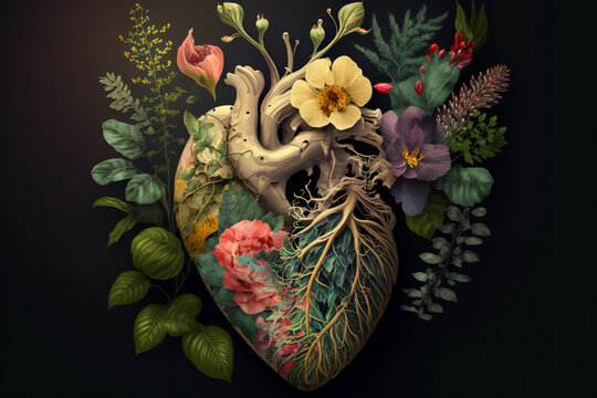 Ilustración conceptual generada con AI de un corazón con flores. Amor y emoción. Persona con buen corazón. Ayuda y caridad.