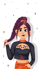 A cheeky girl with a long braid. Zodiac sign Scorpio. Astrological bright girl with purple hair. Vector illustration isolated on white background.